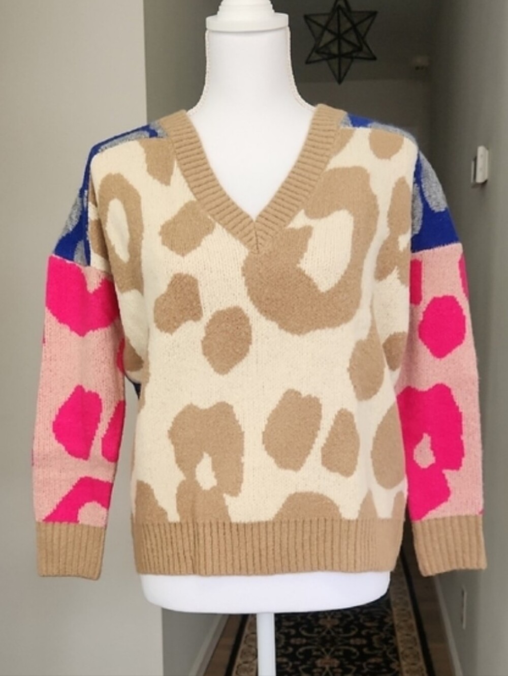 Central Park West Leopard Print Sweater Pullover Colorblock OVERSIZED Y2K XS